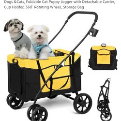 1752 Dog Stroller for Medium Dogs, Portable Pet Stroller for 2 Small Dogs & Cats, Foldable Cat Puppy Jogger with Detachable Carrier, Cup Holder, 360 R