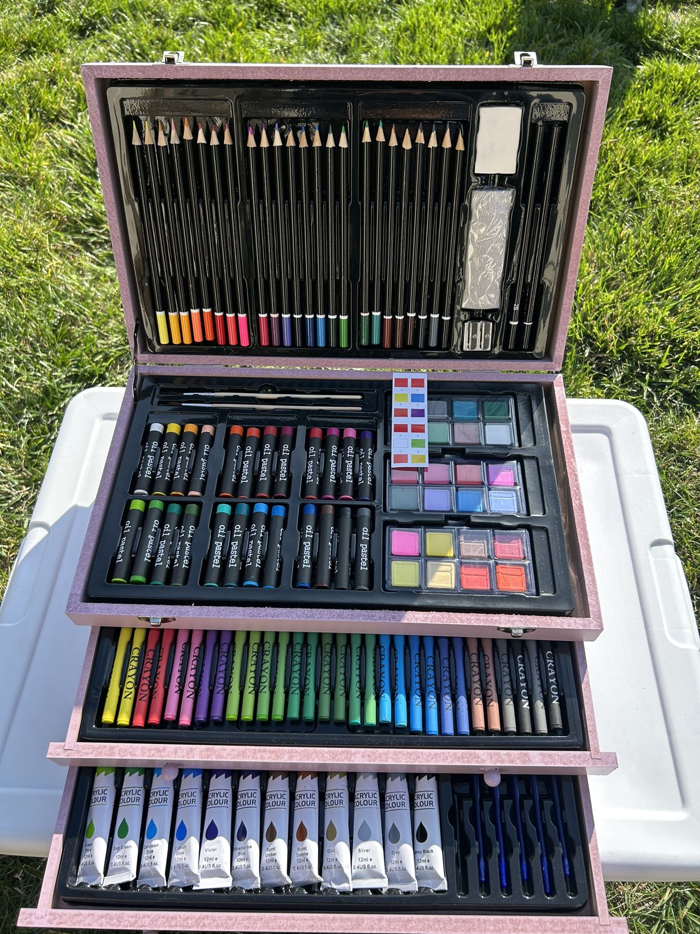 Beautiful Art Supply Set in purple wooden box