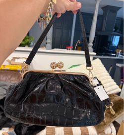 Black Croc-Embossed Clutch Bag with Gold Frame
