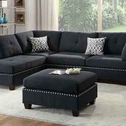 Brand New Black 3pc Reversible Sectional Sofa With Ottoman 