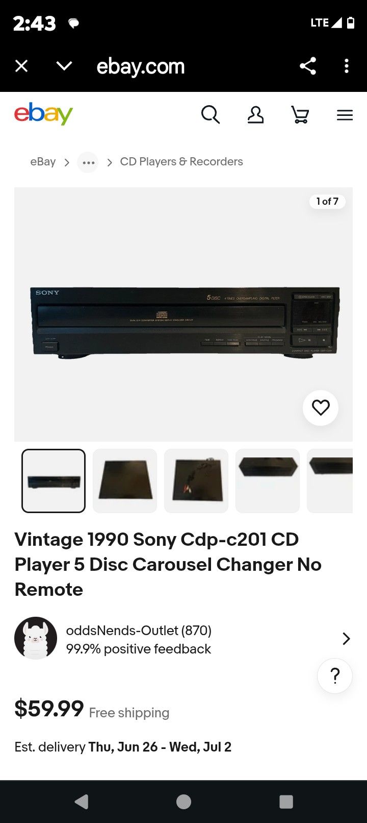 Vintage 1990 Sony Cdpc 201 CD Player Five Disc Carousel Changer
