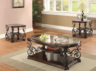 3PCS GLASS TOP COFFEE TABLES SET DARK MERLOT /DARK BRONZE POWDER COATED LEGS (CO) $799 