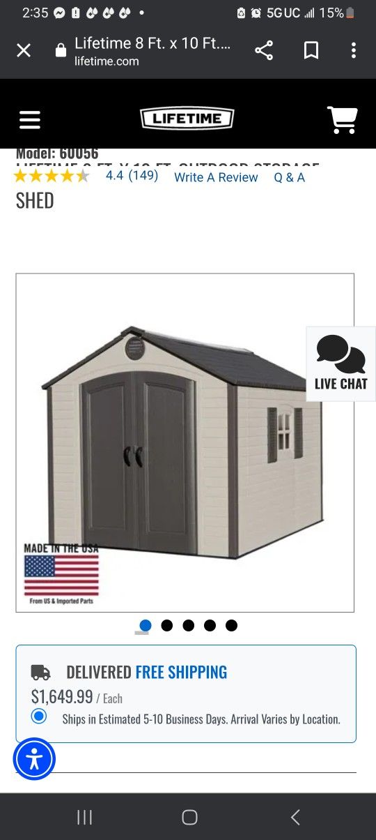 Lifetime 8x10 Vinyl Shed $1,199.00 Delivery And Installation Included