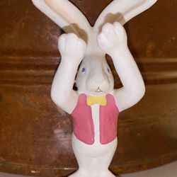 Vintage Bunny In Pink Vest Clay figurine White 3.5”H by 2”W
