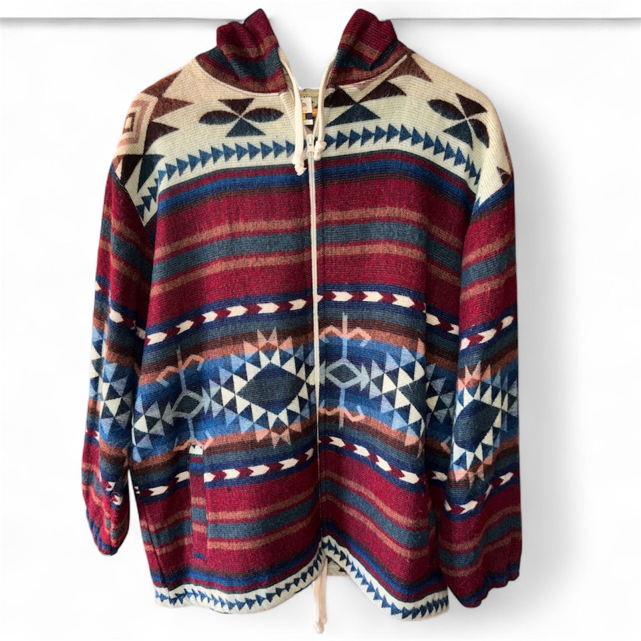 Men’s Baby Alpaca Zip Up Jacket from Peru Burgundy Navy Aztec Size X-Large EUC
