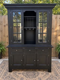 Black Farmhouse China Cabinet / Hutch with Glass Doors & Wine Storage