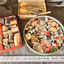 Antique Tin Boxes Filled With Sewing supplies 