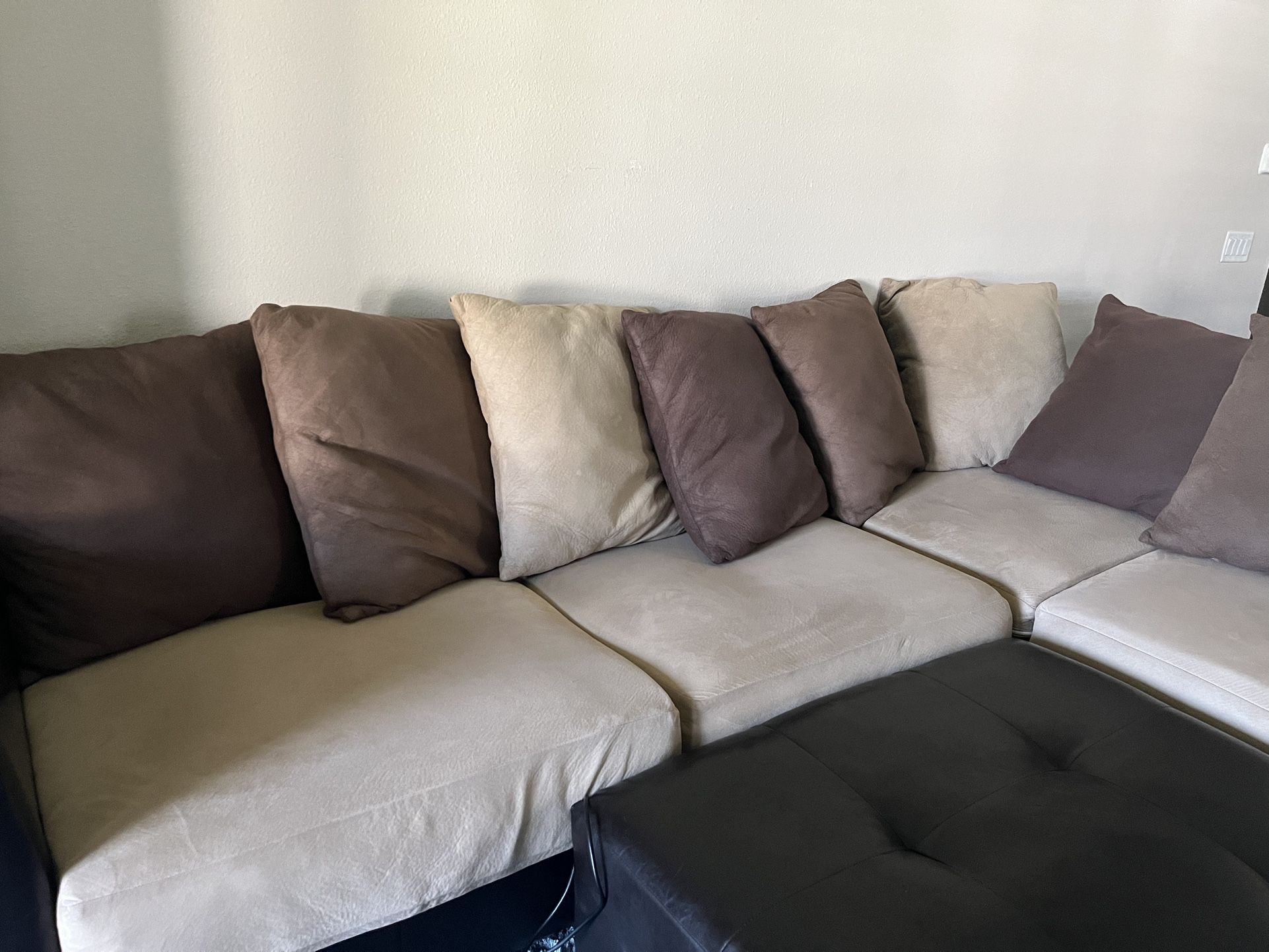 Browns/Tan Large Sectional + Oversized Swivel Chair + Ottomon