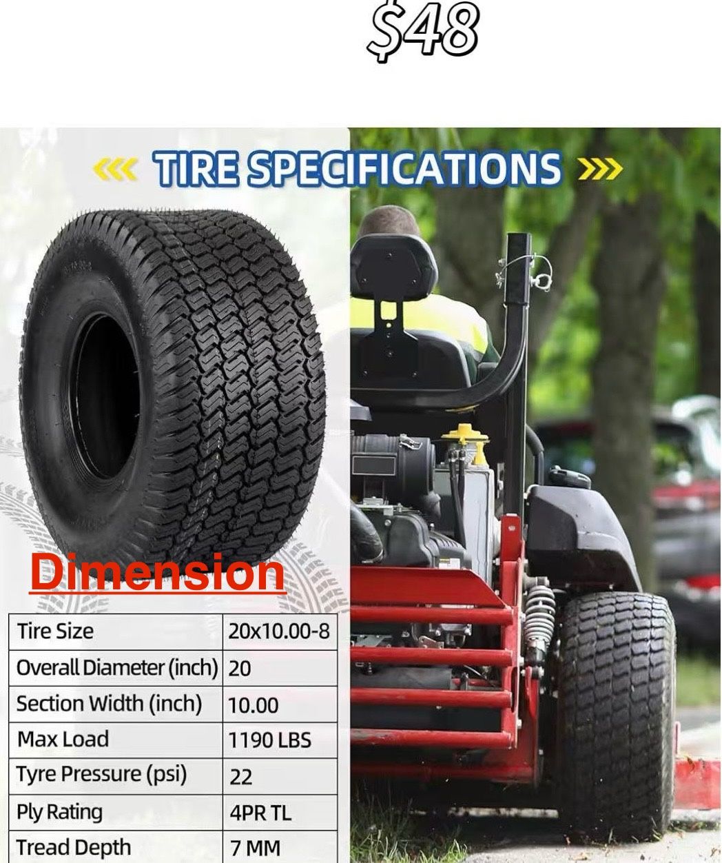 😀 2 Pack of 20x10.00-8 Lawn Mower Tubeless Tire, 20x10-8 Garden Tractor Riding Lawnmowers Tyre, 4 Ply, Turf-V Pattern