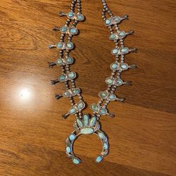 Vintage Turquoise And Sterling Silver Navajo Squash Blossom Necklace.