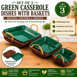Set of 3 Green Casserole Dishes Pans with Baskets Dishwasher Microwave Oven Safe