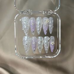 Lavender & Pearl 3D Floral Press-On Nails – Long Stiletto with Rhinestones