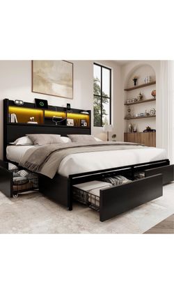 Queen Storage Bed Frame with 6 Drawers, USB Charging Station & Vintage Black Headboard