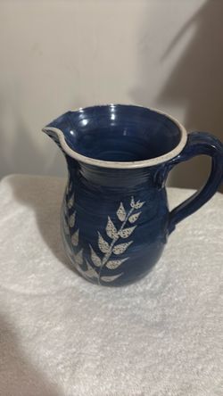 Blue Ceramic Pitcher with Leaf Design indigo