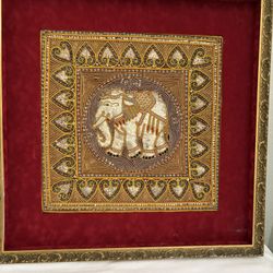Tapestry. Handmade And Handcrafted Embroidered Elephant.  Framed with Gold Color Wooden Frame. 