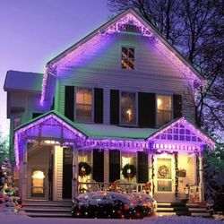  Christmas Decoration Icicle Lights Outdoor Dripping, Christmas Lights & Halloween Lights, Indoor, Outdoor, 360 Led, Orange & Purple 