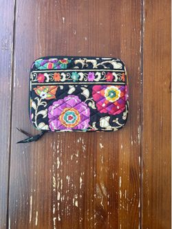 Vera Bradley Black Quilted Floral Zip Cosmetic/tablet Pouch w/Multicolor Blooms