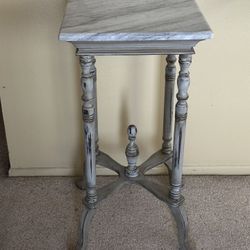 Antique Side End Art Display Table, Square Gray Stone Marble Top, Solid Wood Carved Base