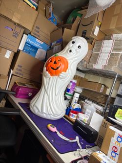 Vintage Halloween Blow Mold Ghost With Pumpkin 34” General Foam Plastic