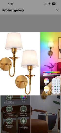 Vintage Wall Sconces Set of 2, Wireless Wall Lamp with RGB Rechargeable Dimmable Bulbs, Brass-Color Battery Operated Wall Sconce with Remote for Bedro