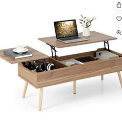 HYHOME 47 Inch Lift Top Coffee Table with Large Split Top Accent Table with Pneumatic Rods 2 Hidden Compartments &amp; 5 Solid Wood Legs Center Table 