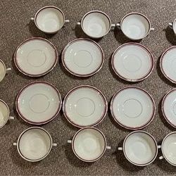 Czechoslovakia Vintage China 2 Handled Footed Cream Soup Bowls With Plates