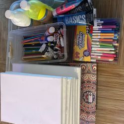 Various art / drawing / coloring supplies - paints, pencils, markers, canvases, books etc