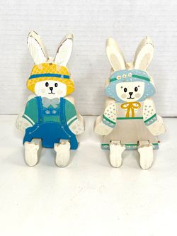 Vintage Easter Rabbit Couple Wooden Shelf Sitter Figures