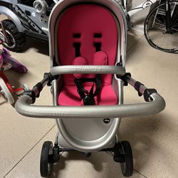 Retail $1500 Mima Xari Silver/ Pink Luxury Stroller with Reversible Reclining Seat & Carrycot