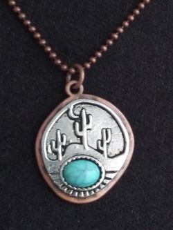 VTG.COPPER& SILVER~FAUX TURQUOISE CACTUS SCENE PENDANT NECKLACE