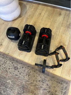 Dumbbells adjustable,push up master,ab roller and medicine https://offerup.com/redirect/?o=Ym9sbC5SZWFk the description below.