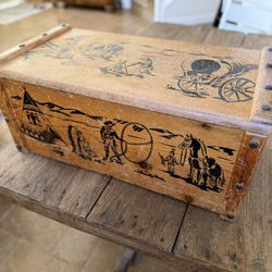Vintage 1950’s Cowboy and Indian Wooden Toy Chest. Hazel Novelty Cabinet Company.