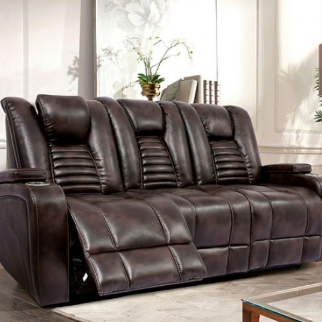 Brand New Super Plush Brown Leather Power Reclining Sofa & Loveseat 