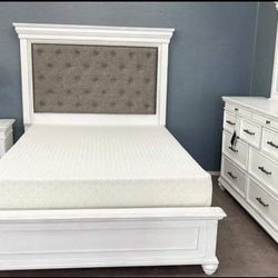 Kanwyn Whitewash Upholstered Panel Bedroom Set/Dresser,mirror, Bed, Nightstand/Queen And King Size Available/Mattress Sold Separately 