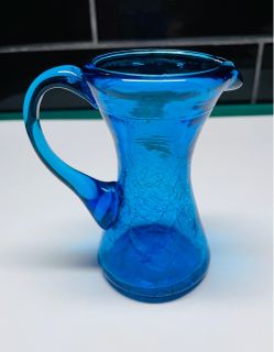 Beautiful vintage mid century peacock blue crackle glass mini pitcher
