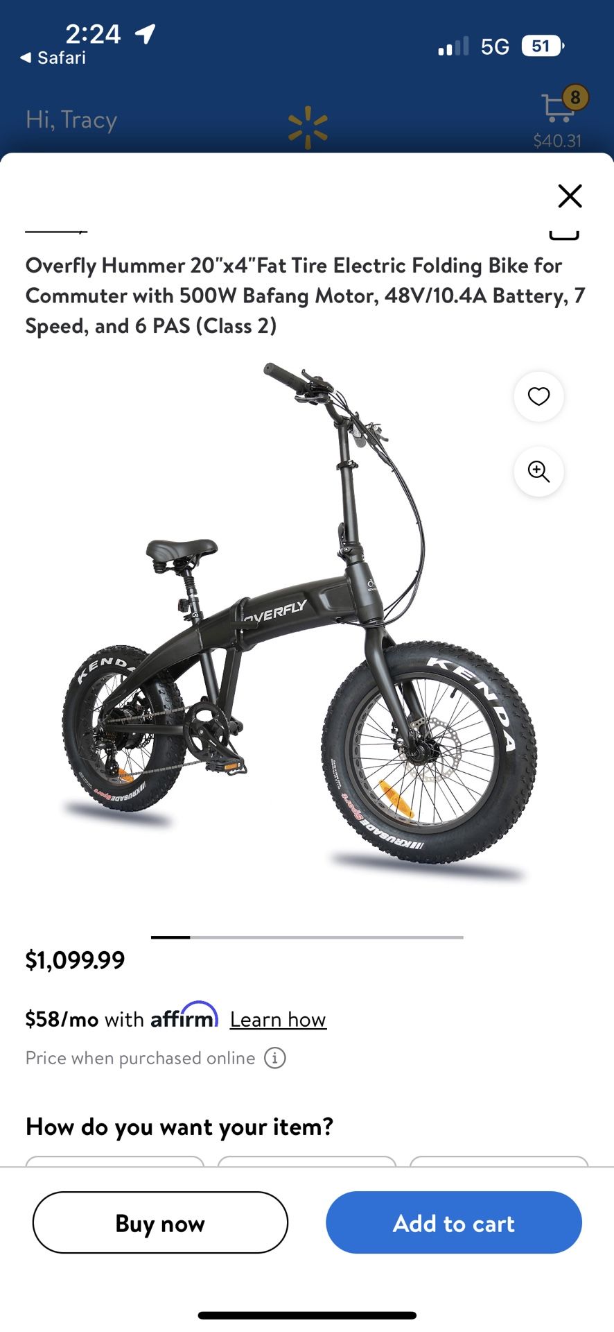 Overfly Hummer 20"x4"Fat Tire Electric Folding Bike for Commuter with 500W Bafang Motor, 48V/10.4A Battery, 7 Speed, and 6 PAS (Class 2)