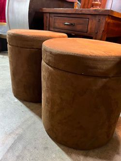Set of 2 Brown Storage Ottoman Stools – Hidden Storage, 16” Round