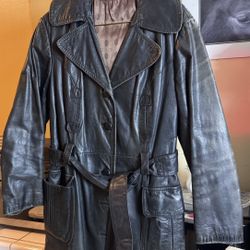 Women's Black Leather Trench Coat with Belted Waist 1970s