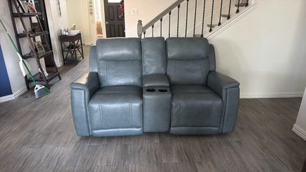 Blue Leather Reclining Loveseat with Console