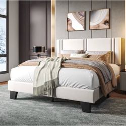 Full Size Cream Upholstered Platform Bed Frame