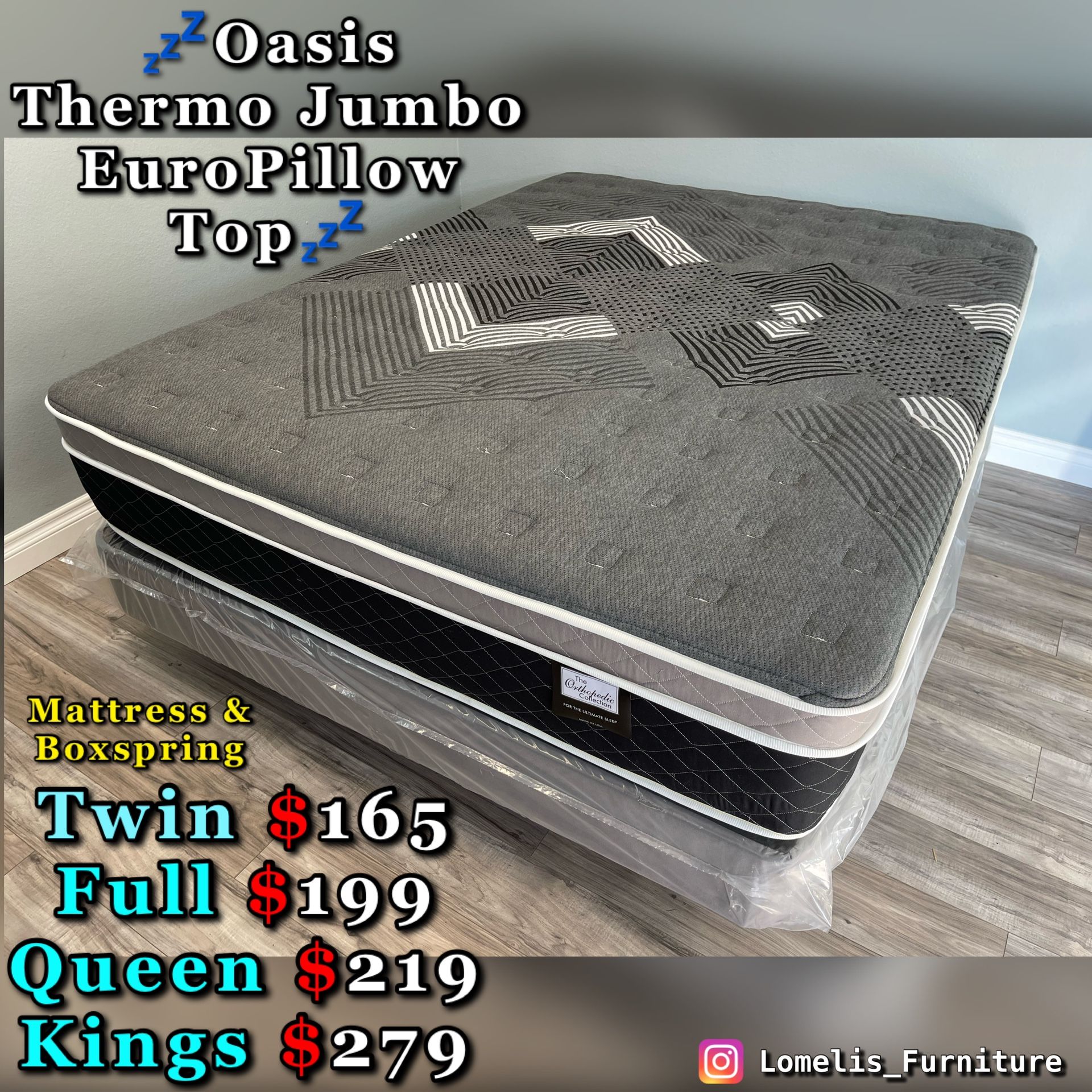 12in Queen Oasis Thermo Jumbo Pillow Top Mattress and Boxspring