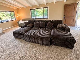 Large Brown Corduroy Sectional Sofa with Chaise
