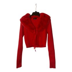 “Love Tree” Red ribbed knit tie front cardigan with a removable collar, size S