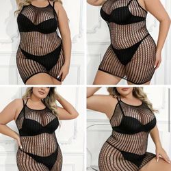 Black Plus Size  Lingerie Dress, Women's Plus Geometric Patterned One Piece Fishnet Halter Babydoll Dress One Size 95% Polyamide 5% Elastane   DS140-b