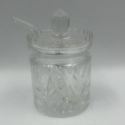 Vintage Cut Glass Crystal Jam Jelly Honey Pot  with lid and spoon