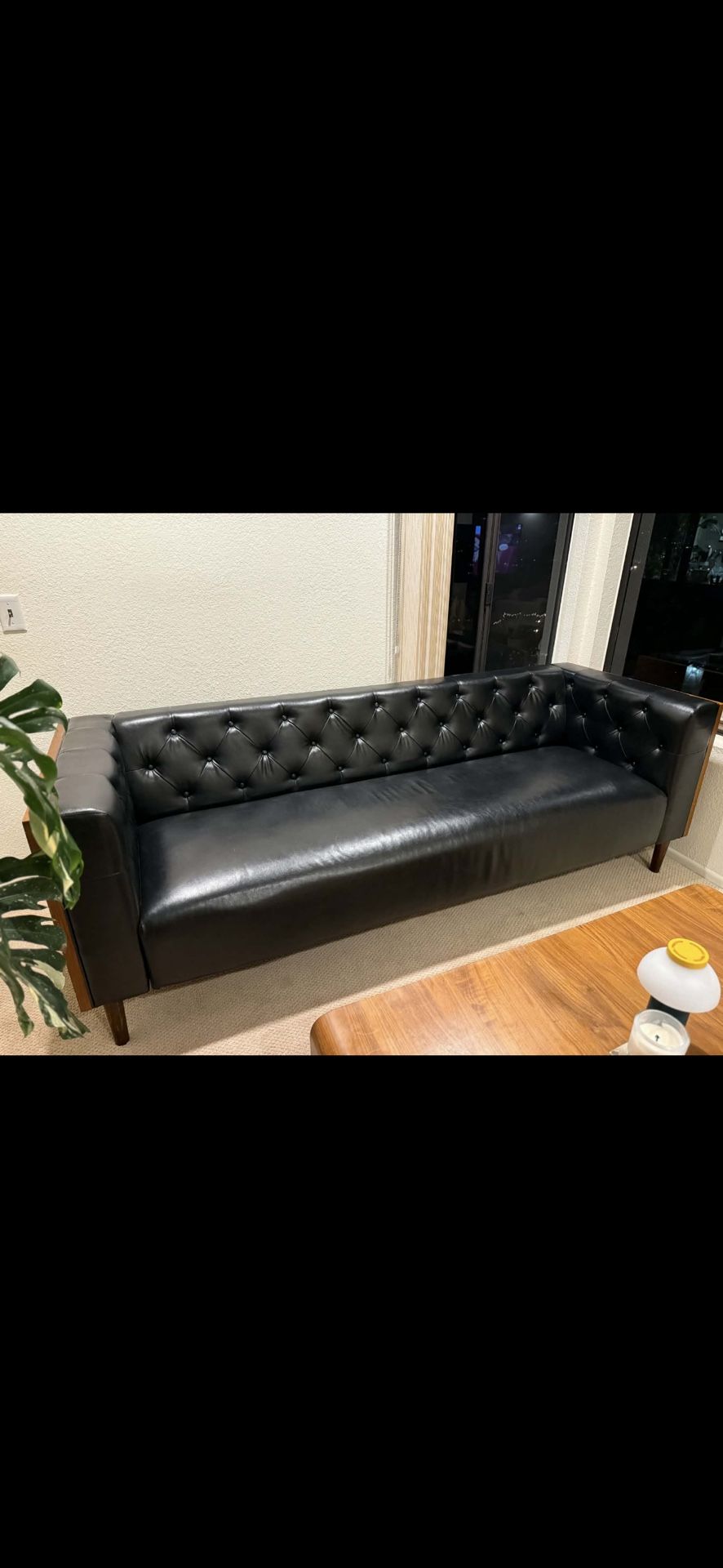 90” Modern Black Faux Leather Tuxedo Sofa