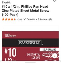 Screws #10x1/2” Pan Head Phillips