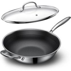 Hybrid Nonstick Wok, 12.5-Inch Stainless Steel Wok with Lid, Laser-Textured Wok Pan, PFOA-Free Woks & Stir-Fry Pans, Oven & Dishwasher safe, Induction