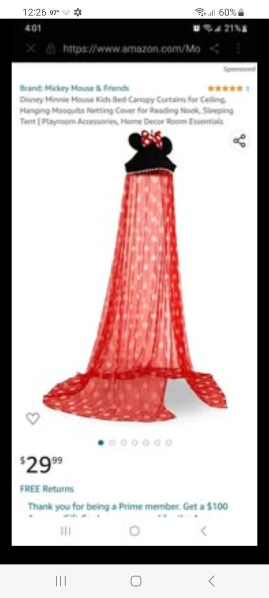 Disney Minnie Mouse Bed Canopy Curtain New In Open Box