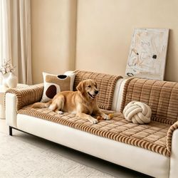Caramel Ribbed Plush Sofa Cover